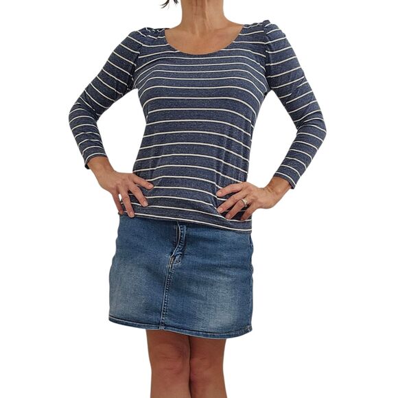 LOFT Blue Gray White Stripe Knit Nautical Stretch Top Size Womens XS / SMALL - Picture 3 of 6